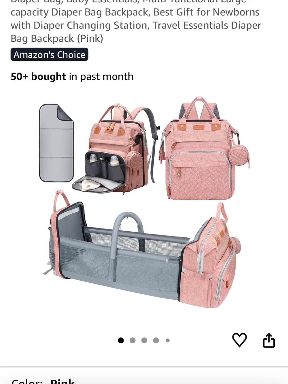 Pink Quilted Diaper Backpack with Portable Bassinet